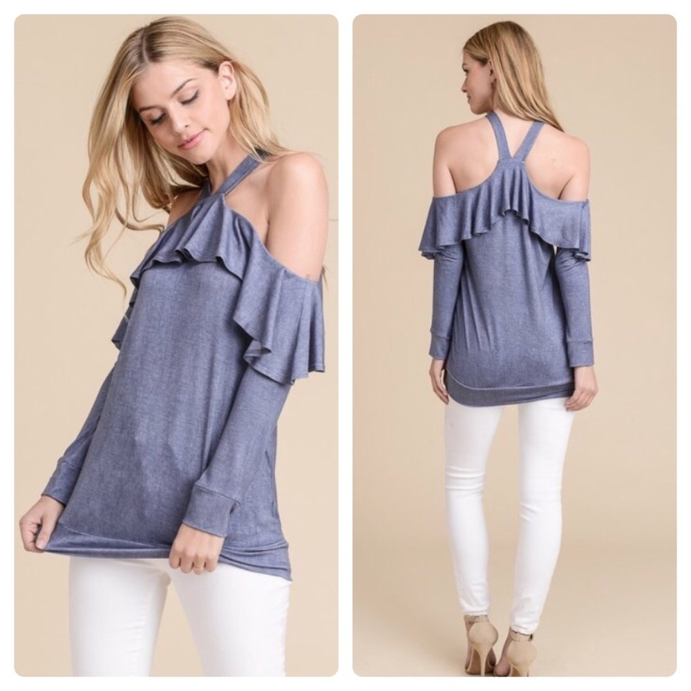 Indigo cold shoulder ruffle top
